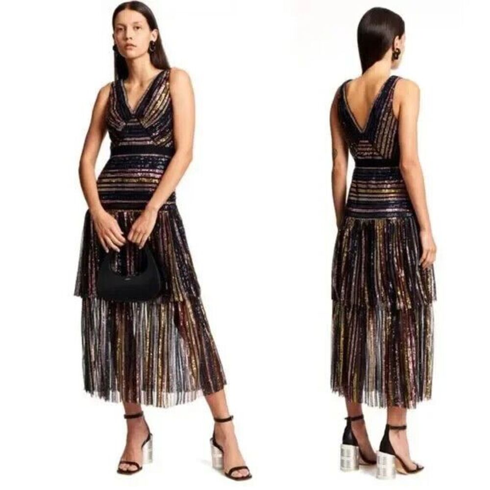 Self Portrait Stripe Sequins Midi Dress Women 6 NWT Sleeveless V-neck Ruffle